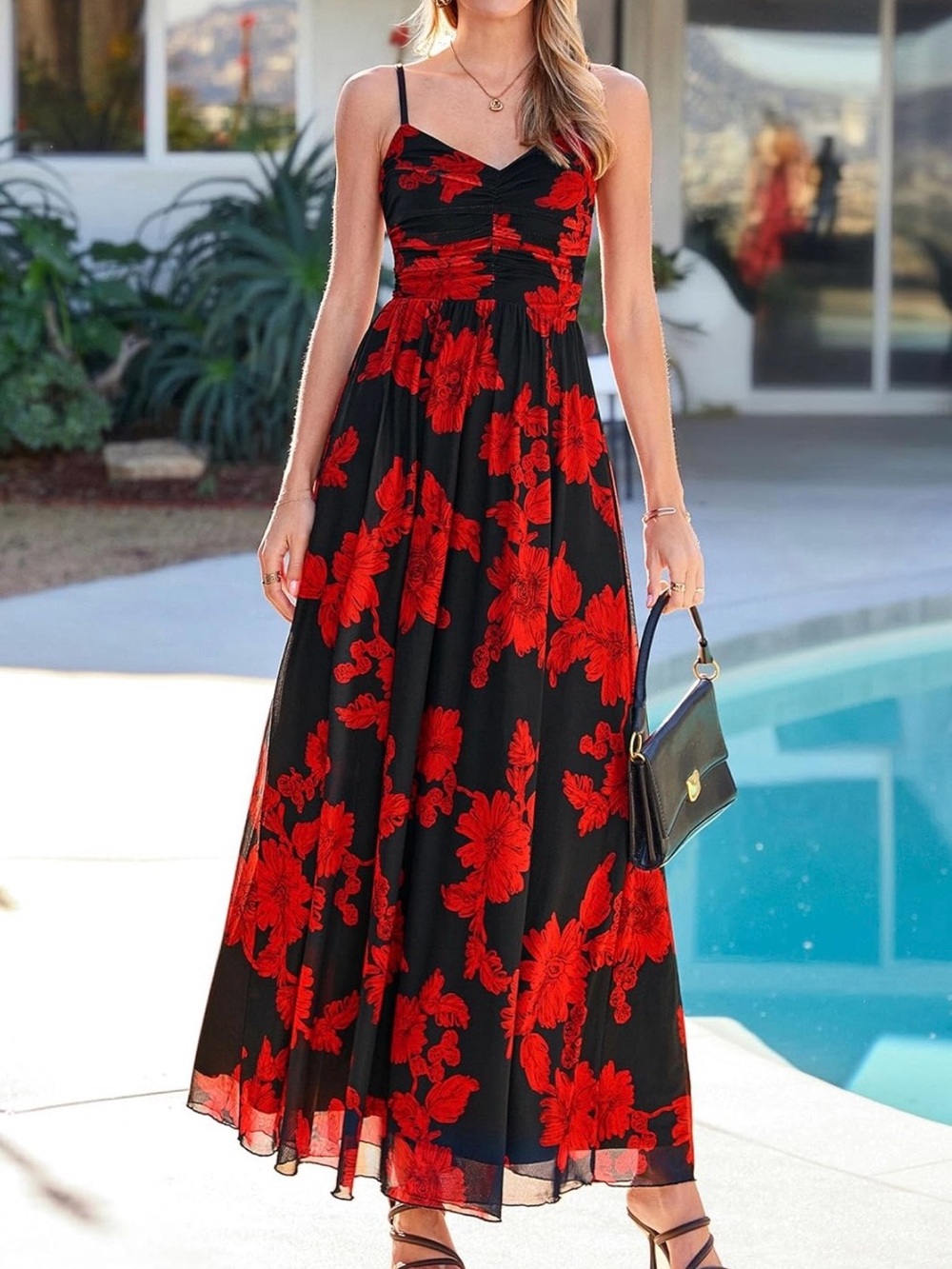 #59 Pretty Garden Black & Red Floral Spaghetti-Strap Maxi Dress